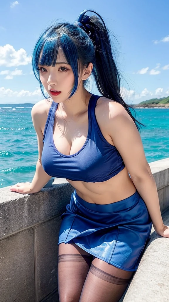 See-through, low-cut cheerleader outfit、Accentuate erect nipples、Sheer skirt、Leaning forward、Ocean、Blue Hair、Pantyhose