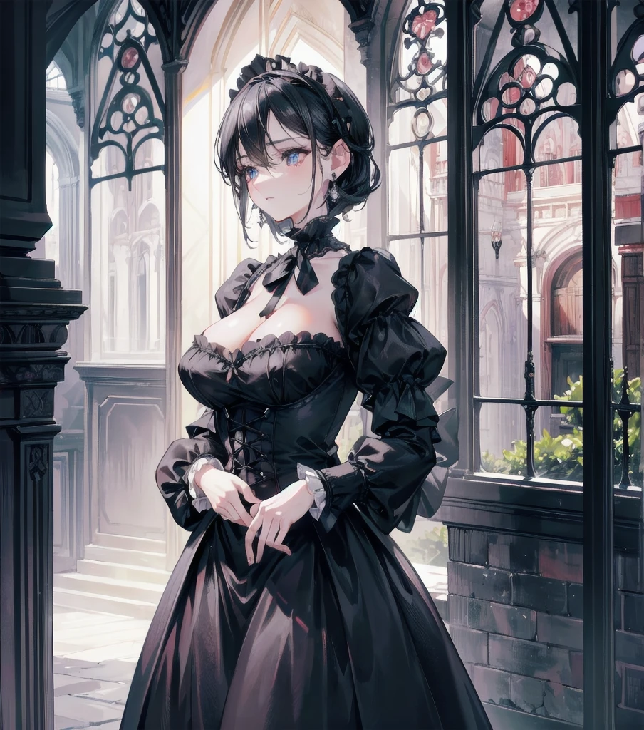 absurdres, RAW photo, extremely delicate and beautiful, masterpiece, Best Quality, ultra high resolution, 32k, hyperrealistic, ultra-detailed, in her 20s, delicate facial features, tearful mole, earring, medium breasts, full body shot, shorter middle hair, black hair, ((intricate Romantic Victorian Gothic Outfit)),