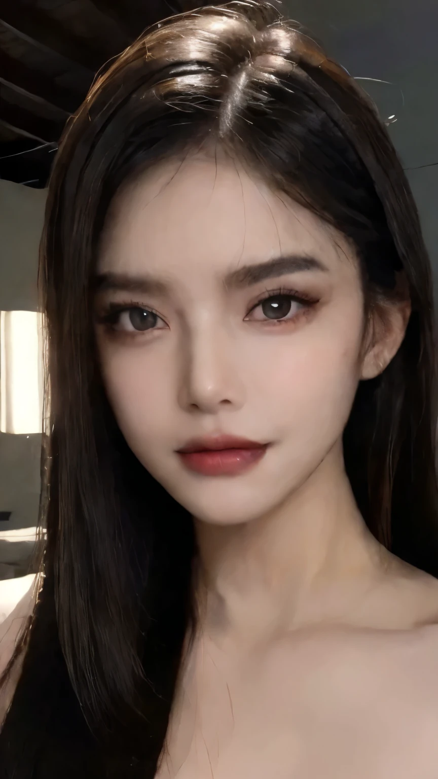 masterpiece, best quality, RAW photos, high resolution, hyper detailing, focus on face, looking at viewer, detailed eyebrows, realistic beautiful eyes, realistic glowing skin, straight bangs, realistic movie lighting, Shaded in detail, high contrast, slim, big bust, big bust, exposed cleavage, NSFW, sexy face, Facial expression when receiving joy, ((dark background)),