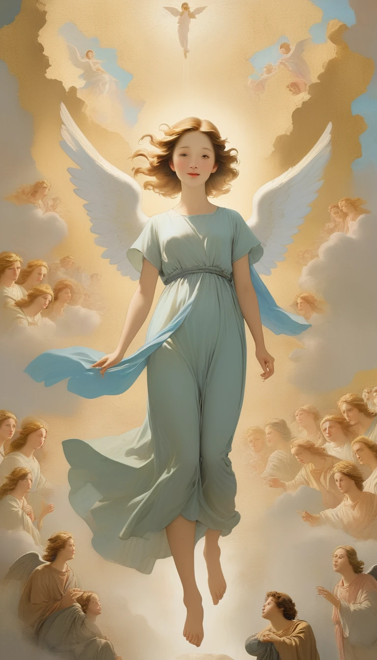 (masterpiece), (High resolution), (Very delicate), (masterpiece: 1.2, Highest quality),Ancient murals、Angel Descends from the Sky、Weathered mural、Distinctive murals、Faded mural、monochromatic、BREAK、Angel descending to earth、Paradise、Beautiful woman leading to heaven、Cute face、Expressionless、scribble, Full flat body, Face illustration, Creepy Appearance, Unique atmosphere、