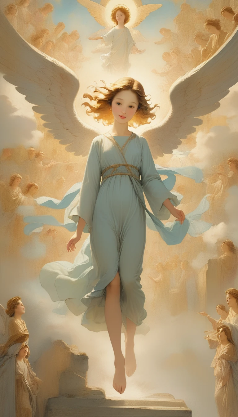 (masterpiece), (High resolution), (Very delicate), (masterpiece: 1.2, Highest quality),Ancient murals、Angel Descends from the Sky、Weathered mural、Distinctive murals、Faded mural、monochromatic、BREAK、Angel descending to earth、Paradise、Beautiful woman leading to heaven、Cute face、Expressionless、scribble, Full flat body, Face illustration, Creepy Appearance, Unique atmosphere、