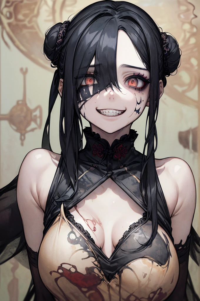 (masterpiece: 1. 2, Highest quality), (Live Action, Exquisite details), (Anatomically correct), (1 Girl, Upper Body, Small breasts, With eyes wide open, Scary atmosphere, Distorted representation, Wicked Smile, Bleeding eyes, Blood splatter, whole body, China dress, Twin-tailed bun, Black Hair, (Dark circles under the eyes), White, Sickly, Crazy Eyes, (Grin), Dramatic makeup, Mixed Media Art, Whiteの背景