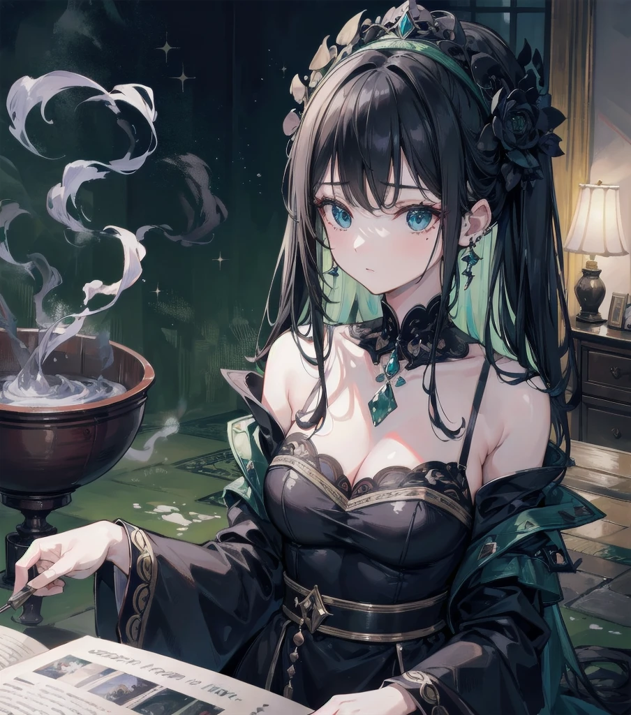 absurdres, RAW photo, extremely delicate and beautiful, masterpiece, Best Quality, ultra high resolution, 32k, hyperrealistic, ultra-detailed, in her 20s, delicate facial features, tearful mole, earring, medium breasts, full body shot, shorter middle hair, black hair, solo, alone, 1girl, a beautiful witch in her alchemist room, working on her project with a steaming cauldron filled with green glowing smoke, against the backdrop of a fantasy night with a full moon and a view from the window, dressed in a traditional witch outfit,