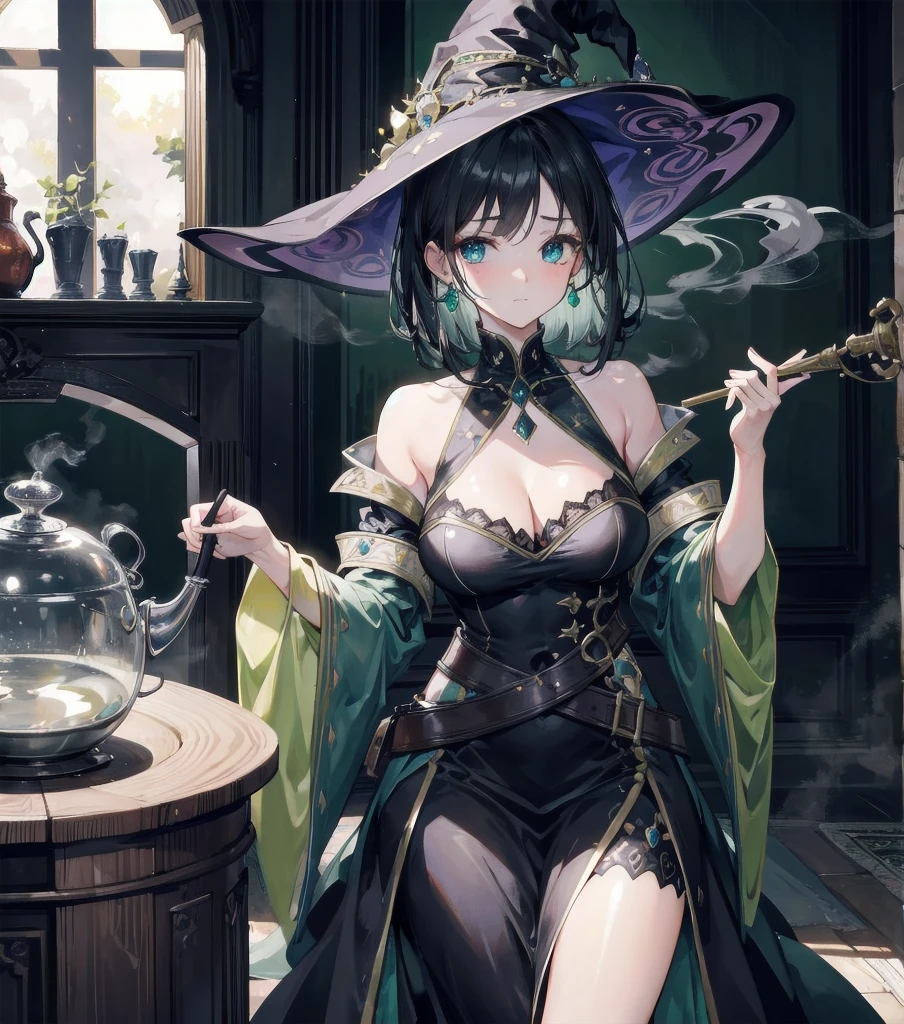 absurdres, RAW photo, extremely delicate and beautiful, masterpiece, Best Quality, ultra high resolution, 32k, hyperrealistic, ultra-detailed, in her 20s, delicate facial features, tearful mole, earring, medium breasts, full body shot, shorter middle hair, black hair, solo, alone, 1girl, a beautiful witch in her alchemist room, working on her project with a steaming cauldron filled with green glowing smoke, against the backdrop of a fantasy night with a full moon and a view from the window, dressed in a traditional witch outfit,