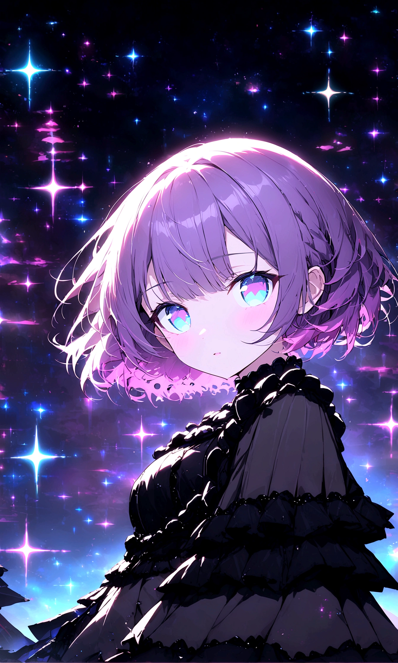 anime gile portrait,kawaii,fantastic style,one beautiful girl with starry eyes,Lavender purple hair, short bob, aqua blue eyes, cool, gothic lolitasurrounded by stars,eyes sparkling like stars,best quality,ultra detailed,ultra high definition,high resolution,16k,ultra vibrant,natural light,starlight,soft light,Glowing Aura,the surroundings are shining
