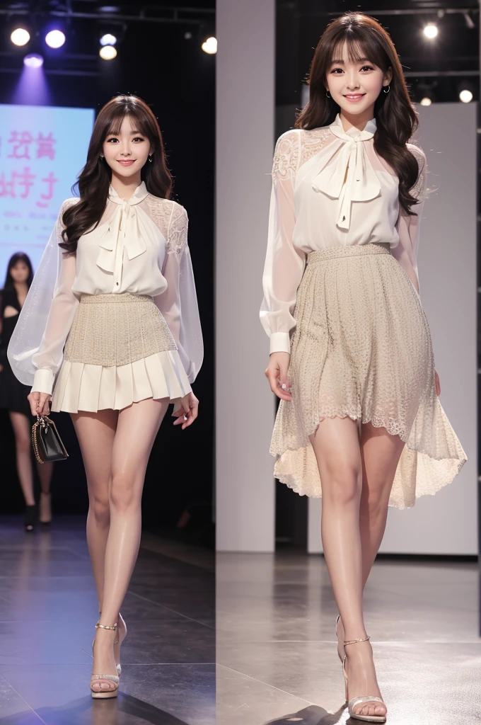 Amazingly large eyes、Smiling face、H cup bust、50cm waist、Slender and fair-skinned、Japan woman with long hair、20-year-old、Slim figure、Wearing a pale-colored pleated skirt and a sheer lace blouse、Wearing high heels。On the runway at a fashion show、Her whole body was shown, from her high heels to her head, as she walked towards the viewer.、Bright, photo-quality images。
