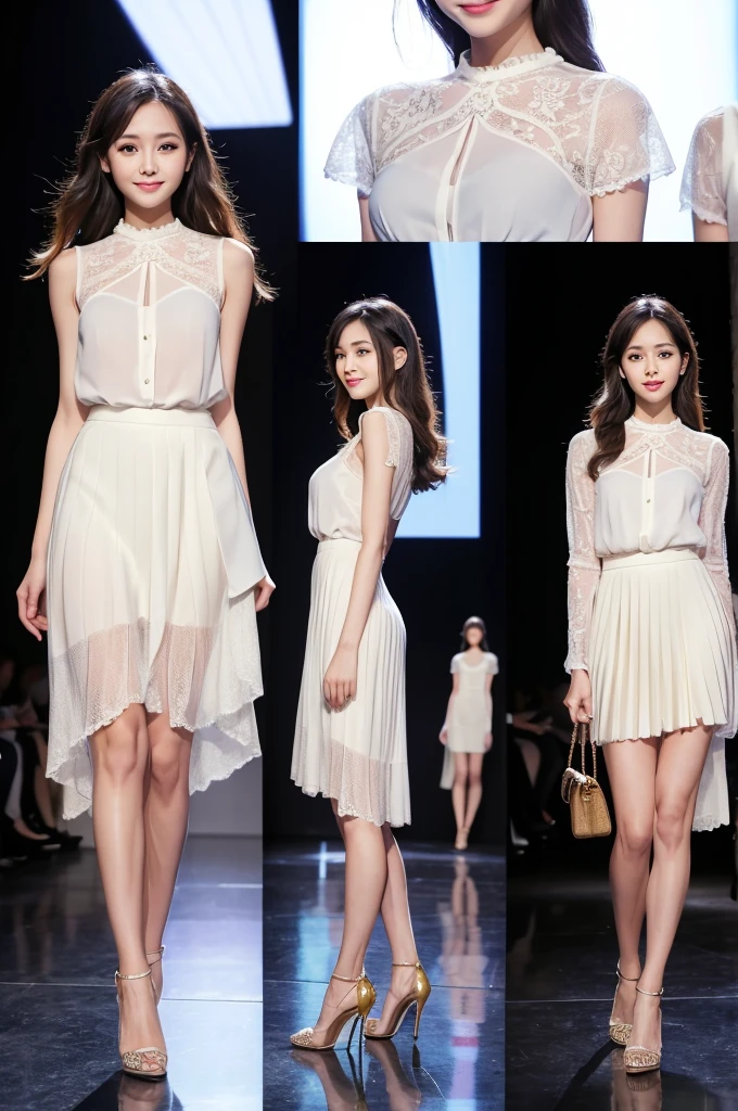 Amazingly large eyes、Smiling face、H cup bust、50cm waist、Slender and fair-skinned、Japan woman with long hair、20-year-old、Slim figure、Wearing a pale-colored pleated skirt and a sheer lace blouse、Wearing high heels。On the runway at a fashion show、Her whole body was shown, from her high heels to her head, as she walked towards the viewer.、Bright, photo-quality images。