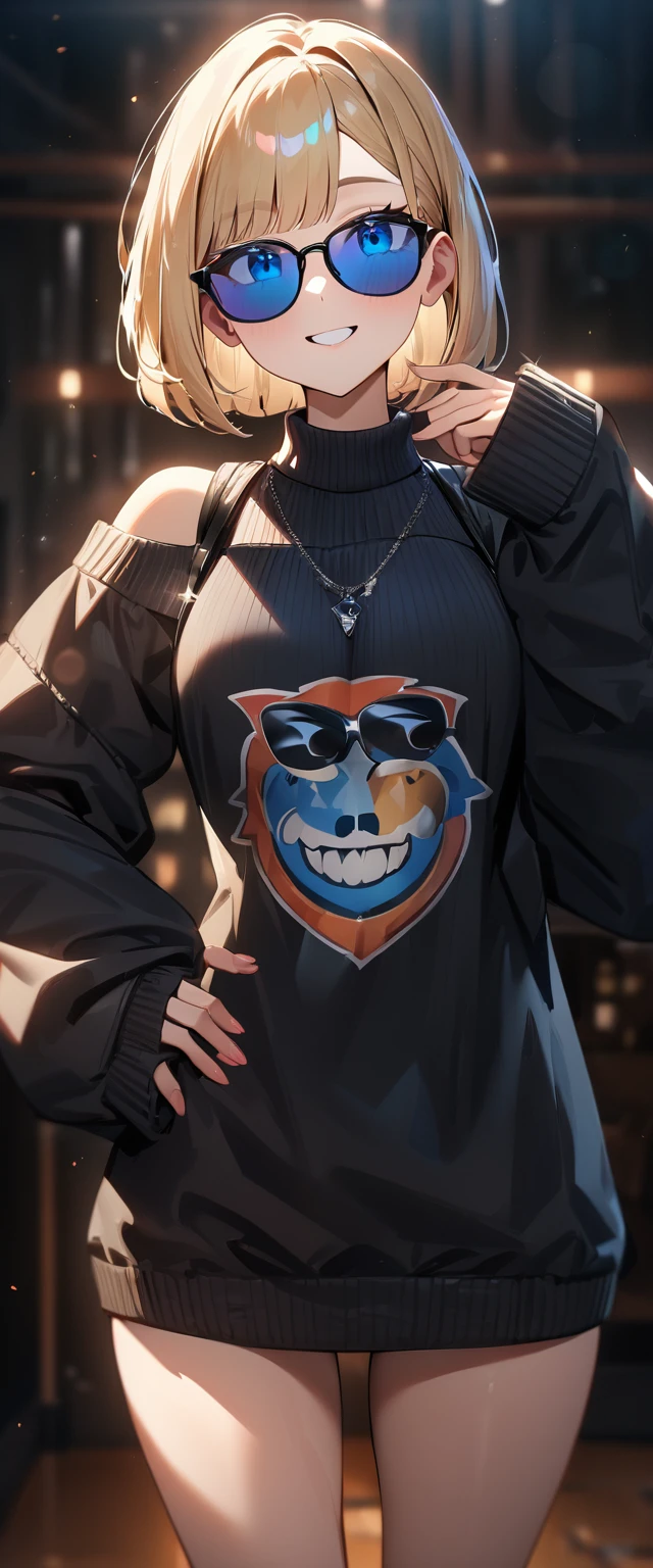 (((One girl))), blond hair, ((sunglasses, hand to sunglasses)), ((one hand on hip)), (bob cut:1.3)), breasts, cleavage, (cowboy shot), standard body, (looking at viewer), oversized clothes, puffy long sleeves, collarbone, ((aran sweater)), ((off-shoulder sweater dress:1.3, Quite thick shoulder straps)), (((sleeves past wrists:1.3))), ((black sweater)), teenager, head tilt:1.3, (((blue eye))), ((happy smile)), (((anime style))), (best quality, 4k, 8k, highres, masterpiece:1.2, ultra-detailed, ultra-detailed eyes, HDR, UHD, studio lighting, ultra-fine painting, sharp focus, physically-based rendering, extreme detail description, professional, vivid colors, bokeh), ((Highest quality, Best image quality, Ultra-high resolution, Ultra-high resolution, solo, Strong eye highlights)), Depth of written boundary, Natural soft light, attractive, Beautiful Face, Cleanliness, Pure Face, nedium chest, Beautiful Face, Perfect Fingers, Perfect hands, Perfect body, Perfect Face, Shine a light into your eyes, Perfect Anatomy
