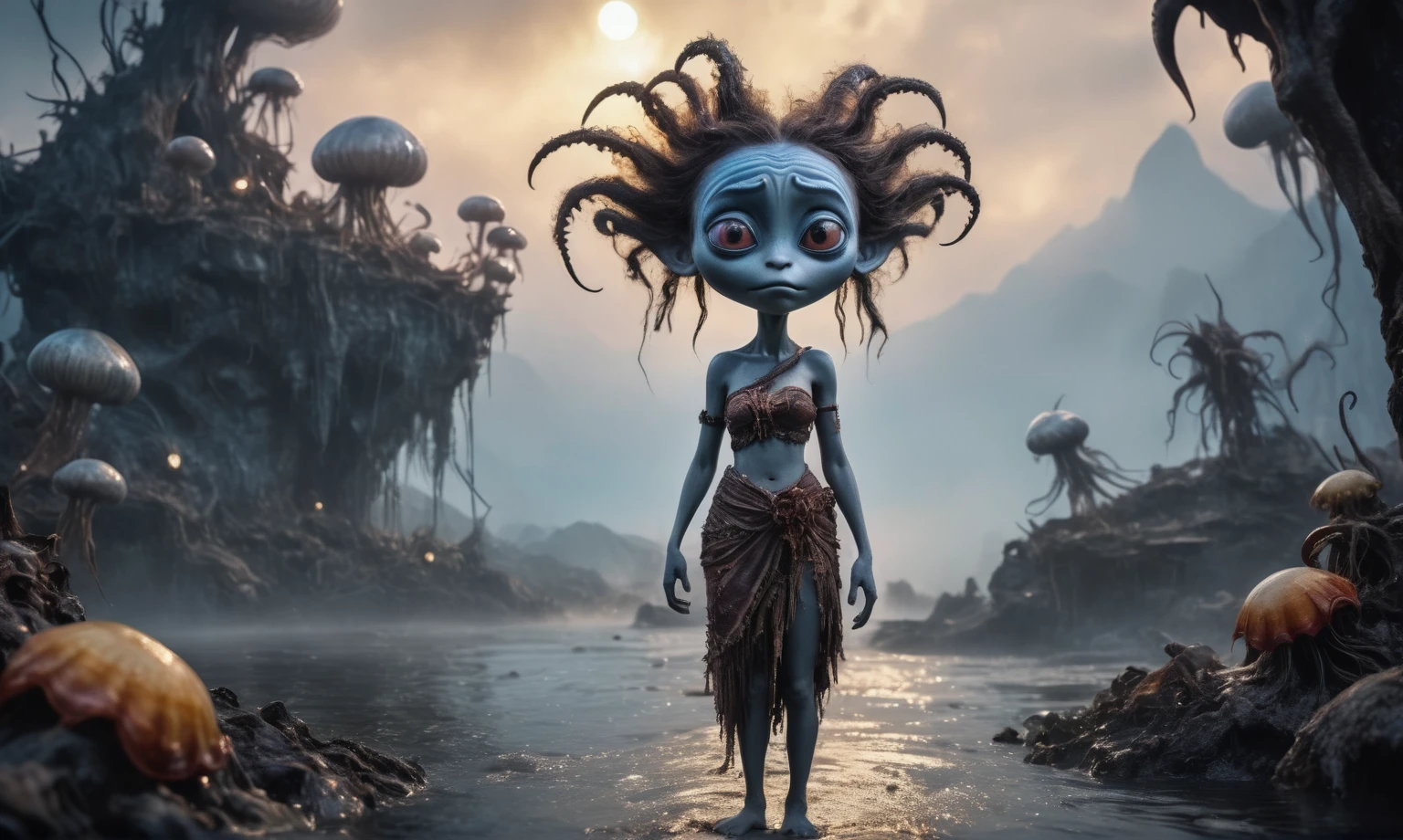 view from height,full-body-shot,obsidian The Alien Entity Moana, sassiness temper,natural jellyfish's skin textures, hyper realisitc, hyper detailed,Extremely detailed,High contrast, ,Realistic,Ultra Detailed,intricate details,realistic humid skin,extremely intricate,Epic Realistic, Romantic, cinematic style,irina yermolova, messy hair,extremely detailed, ,masterpiece,intricate details,faded,eyes extremely detailed, high detailed eyes,32k resolution, Nikon Z9,orc's village of fishers,National Forest Park,full body length,mother-of-marble,ominous landscape,floating islands on background in dangerous atmosphere,intricate details,realistic humid skin,extremely intricate details,anatomically correct,faded,eyes extremely detailed, high detailed eyes,UHD,Retina,HDR,natural skin textures, hyper realism, hyper detailed,High contrast,Realism,Ultra Detailed,irina yermolova,close full body shot, masterpiece,faded,32k resolution, Nikon Z9,sunset, a Tim Burton-inspired dreamscape,Bun Hair,(Folk clothes:1.5),full body length,niobium goblin,native africa xenomorph,once pretty face,eyebrow up,full body shot,ominous landscape,niobium gray atmosphere,photo,photorealism,Masterpiece,hyper natural skin textures, hyper realism,hyper detailed,High contrast,Realism,Ultra Detailed,irina yermolova,close full body shot,32K resolution,Nikon Z9, ,demonic, fog, smoke, audience, mist, featuring ultra-realistic and hyper-realistic elements, Marta Bevacqua, Ellen Jewett, Kawacy, Katsuya Terada, Carne Griffiths,concert lighting, bokeh, luminal space that feels both bright and surreal. Includes liquid fluid elements for added depth and movement. Rendered in an unreal engine and post-processed to achieve . Evokes a sense of dreamy, ethereal and mystical mood,horror pixar movie still,thriller disney movie ,pixar render, animated ,suicide