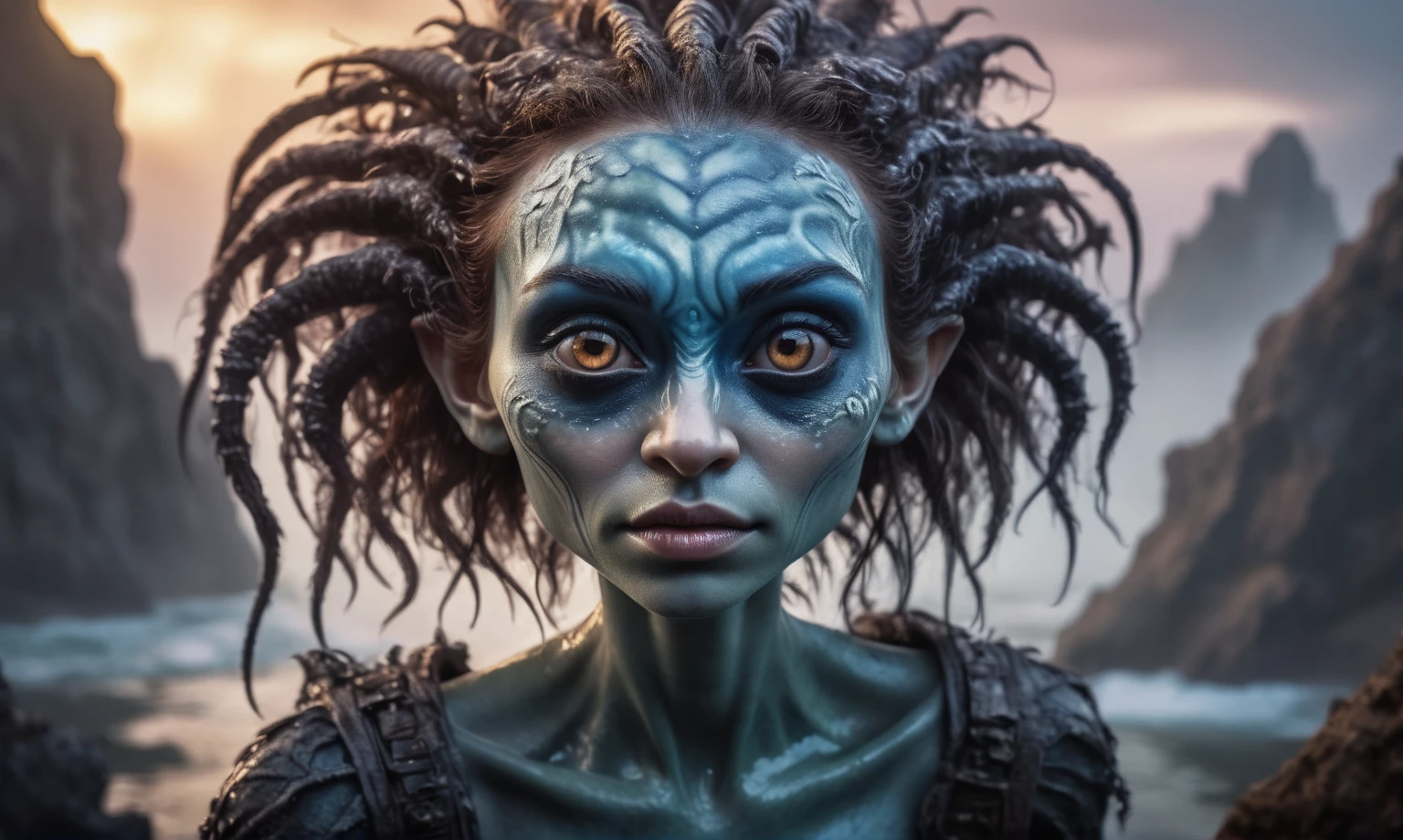 view from height,full-body-shot,obsidian The Alien Entity Moana, sassiness temper,natural jellyfish's skin textures, hyper realisitc, hyper detailed,Extremely detailed,High contrast, ,Realistic,Ultra Detailed,intricate details,realistic humid skin,extremely intricate,Epic Realistic, Romantic, cinematic style,irina yermolova, messy hair,extremely detailed, ,masterpiece,intricate details,faded,eyes extremely detailed, high detailed eyes,32k resolution, Nikon Z9,orc's village of fishers,National Forest Park,full body length,mother-of-marble,ominous landscape,floating islands on background in dangerous atmosphere,intricate details,realistic humid skin,extremely intricate details,anatomically correct,faded,eyes extremely detailed, high detailed eyes,UHD,Retina,HDR,natural skin textures, hyper realism, hyper detailed,High contrast,Realism,Ultra Detailed,irina yermolova,close full body shot, masterpiece,faded,32k resolution, Nikon Z9,sunset, a Tim Burton-inspired dreamscape,Bun Hair,(Folk clothes:1.5),full body length,niobium goblin,native africa xenomorph,once pretty face,eyebrow up,full body shot,ominous landscape,niobium gray atmosphere,photo,photorealism,Masterpiece,hyper natural skin textures, hyper realism,hyper detailed,High contrast,Realism,Ultra Detailed,irina yermolova,close full body shot,32K resolution,Nikon Z9, ,demonic, fog, smoke, audience, mist, featuring ultra-realistic and hyper-realistic elements, Marta Bevacqua, Ellen Jewett, Kawacy, Katsuya Terada, Carne Griffiths,concert lighting, bokeh, luminal space that feels both bright and surreal. Includes liquid fluid elements for added depth and movement. Rendered in an unreal engine and post-processed to achieve . Evokes a sense of dreamy, ethereal and mystical mood,horror pixar movie still,thriller disney movie ,pixar render, animated ,suicide