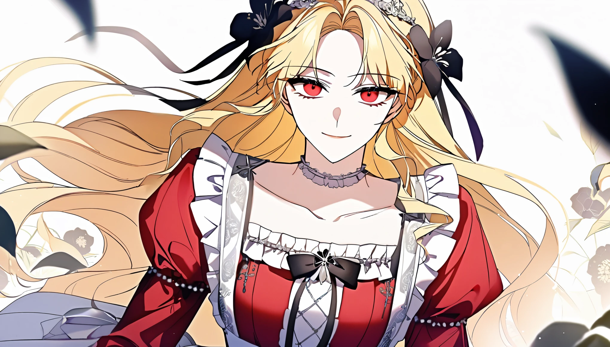 (shoujo-style), masterpiece, newest, floral background, romance manhwa, 1girl, blonde hair, solo, long hair, flower, dress, tiara, white dress, gloves, long sleeves, choker, red eyes, white gloves, black bow, black flower, wavy hair, bow, jewelry, looking at viewer, white background, collarbone, puffy sleeves, silver accessories, upper body, parted bangs, very long hair, red dress, frills, bangs, closed mouth, smile, cowboy shot, dynamic pose, dynamic angle, dynamic cut