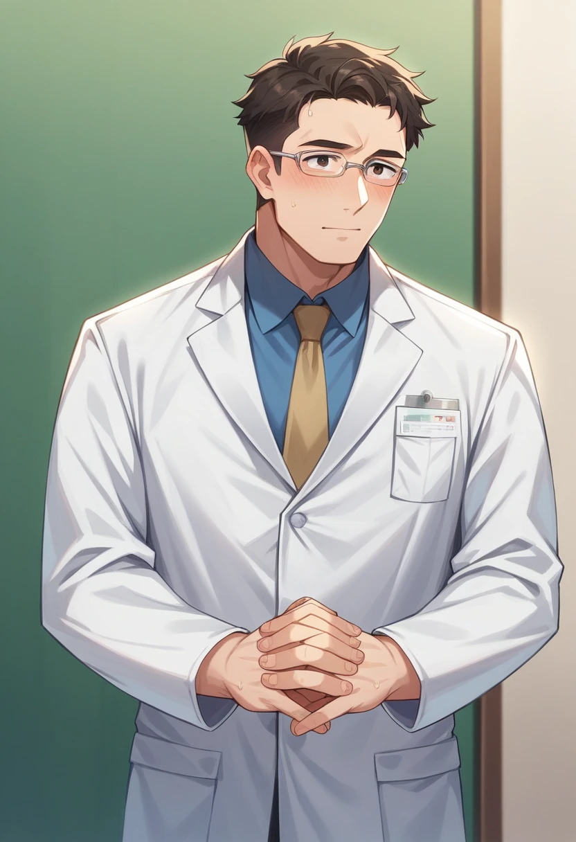 "In a modern orthopedic clinic named 'Ashi no Clinic Omotesando,' the scene shows the chief doctor assisting a patient with a foot rehabilitation exercise. The doctor is a middle-aged man in a white coat, attentively guiding the patient through the movements. Behind him, a cute and cheerful nurse is watching, her hands clasped together and her eyes sparkling with admiration and affection. The clinic's environment is clean and bright, with medical equipment neatly arranged and a comfortable atmosphere. The overall scene should convey a sense of professional care mixed with a touch of romantic admiration."