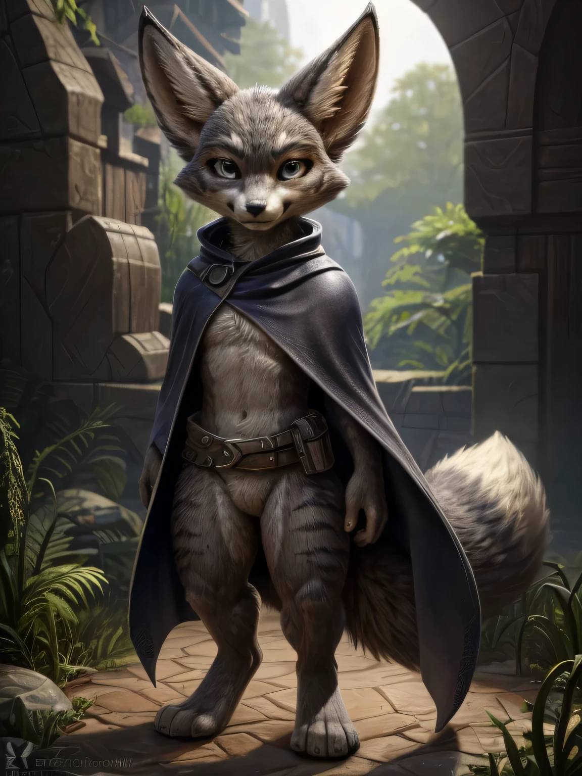 + (full lenth shot), (full body view), cartoon (anthro) ((ager)) ((())) gray (Vulpera male) from world of warcraft very cute face, gray fox tail, hi res, photorealism, soft shading, (detailed face:1.1), (), (detailed gray eyes:1.1), (masterpiece:1.2), detailed face, (), by zaush, by ikiki, detailed gray fox fur, looking serious, good anatomy, detailed gray skin, bodily fluids, gray fur, (solo:1.1), vulpera, fenech, big ears, (1tail), (short proportions), gray eyes, (gray fur:1.1), (gray fur), (gray fur), smile, watching on camera, shiny greasy fur, ((fur)), (solo), high res, full body, (detailed realistic image:1), insane details, soft, (hyper realistic fur:1), (detailed fur:1), (fur covered body), (realistic:1), (photorealistic, photo-realistic:1), full color, (highly detailed:1.2), masterpiece, 8k uhd, good anatomy, correct anatomy, outside, manly, dynamic pose, BREAK,(in a cloak on his back),(Outlaw),(fox robber) ,[thief], (в thiefовской накидке)