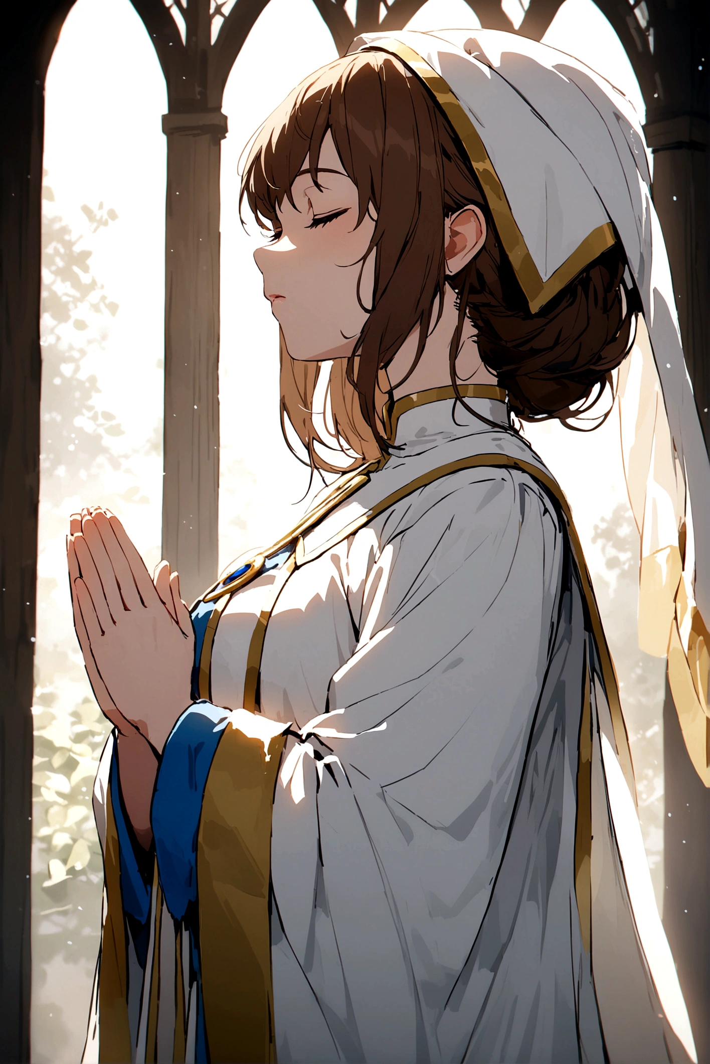 Priestess with brown hair and closed eyes praying and wearing white clothes