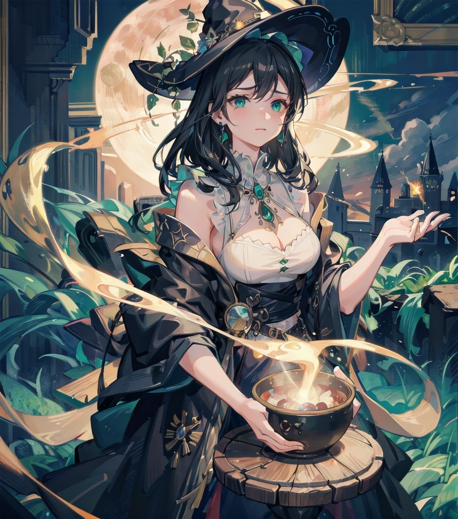 absurdres, RAW photo, extremely delicate and beautiful, masterpiece, Best Quality, ultra high resolution, 32k, hyperrealistic, ultra-detailed, in her 20s, delicate facial features, tearful mole, earring, medium breasts, full body shot, shorter middle hair, black hair, beautiful witch in her alchemist room, working on her project with a steaming cauldron filled with green glowing smoke, against the backdrop of a fantasy night with a full moon and a view from the window, dressed in a traditional witch outfit,