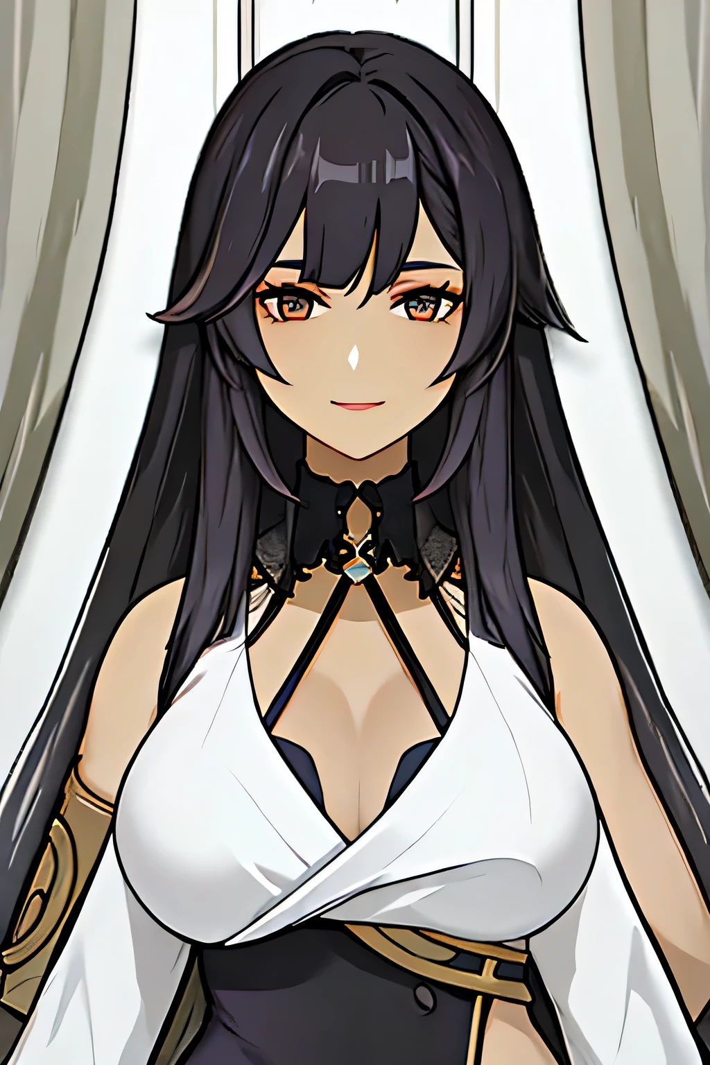 [A beautiful, sexy mature 
woman with a seductive smile and parted lips stands against a white background. Dark skin, She has sharp eyelashes, brown eyes, and long black hair with bangs. Her figure is voluptuous, with a narrow waist, broad hips, and huge breasts. The image has an impactful, Genshin-inspired style, rendered in high detail and HDR quality as a stunning work of art.]