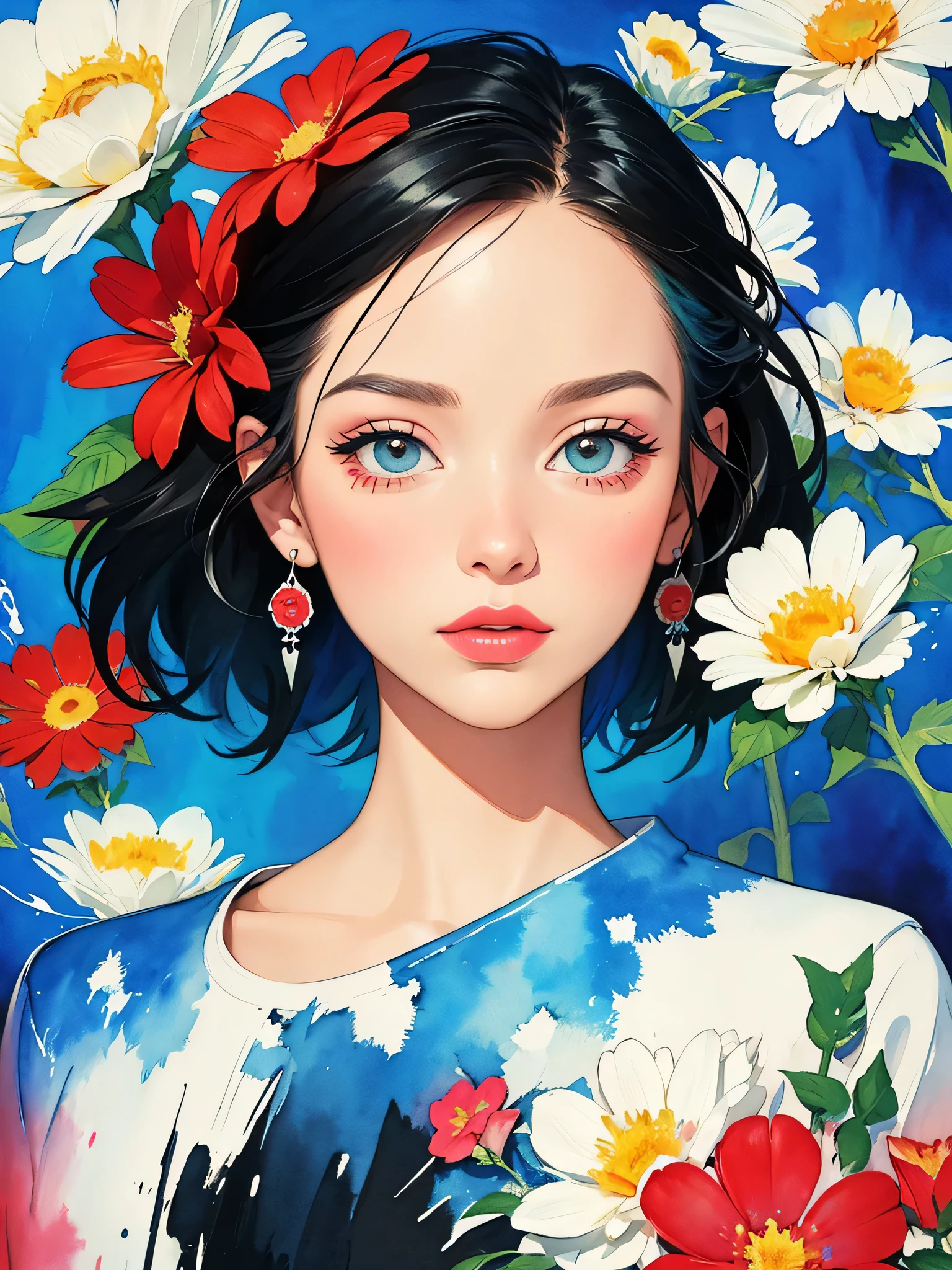 Black Star Red and White Style、(((stylish fashion))), 8K Quality、Intense watercolor, Detailed watercolor art, Watercolor splash, Surreal, avant-garde pop art, Beautiful and expressive paintings, Beautiful artwork illustration, Very colorful tones, wonderful, Cool beauty, highest quality、Official Art, Vector art, Stylish design, (((The most beautiful girl))), (((highest quality))), HDR, ((detailed)), (((Doodle Art)), ((masterpiece)), ((Super detailed)), (((Colorful flowers))),(((Stylish))), Lips in love