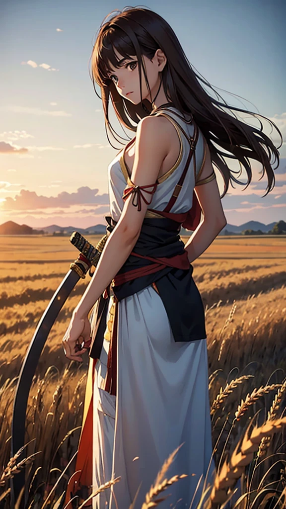 A 17-year-old girl with shoulder-length brown hair. turned around, wearing ancient clothes while holding his katana with his right hand. Standing on a wheat field. skinny.looking towards the horizon. His face is not seen