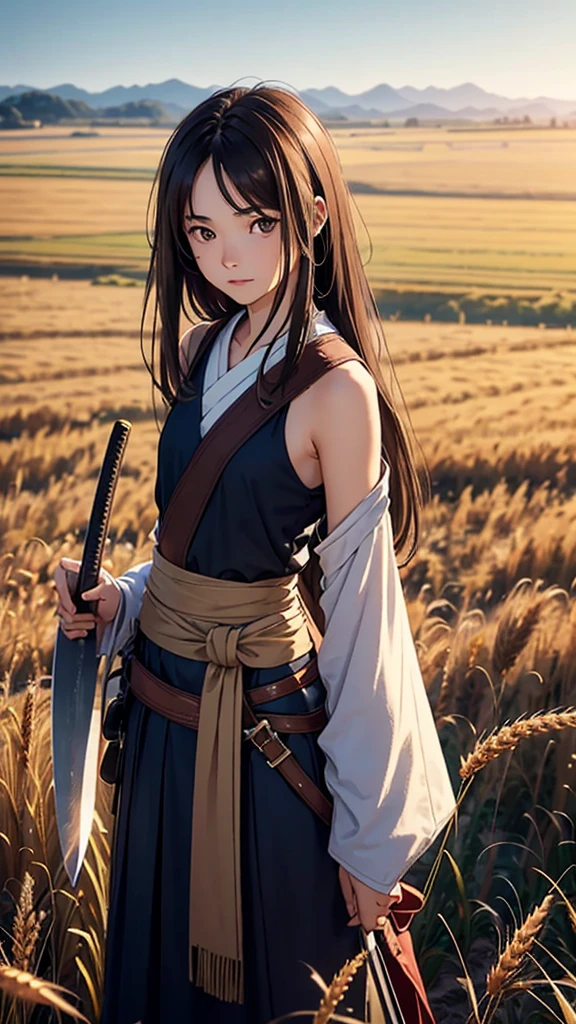 A 17-year-old girl with shoulder-length brown hair. turned around, wearing ancient clothes while holding his katana with his right hand. Standing on a wheat field. skinny.looking towards the horizon. His face is not seen