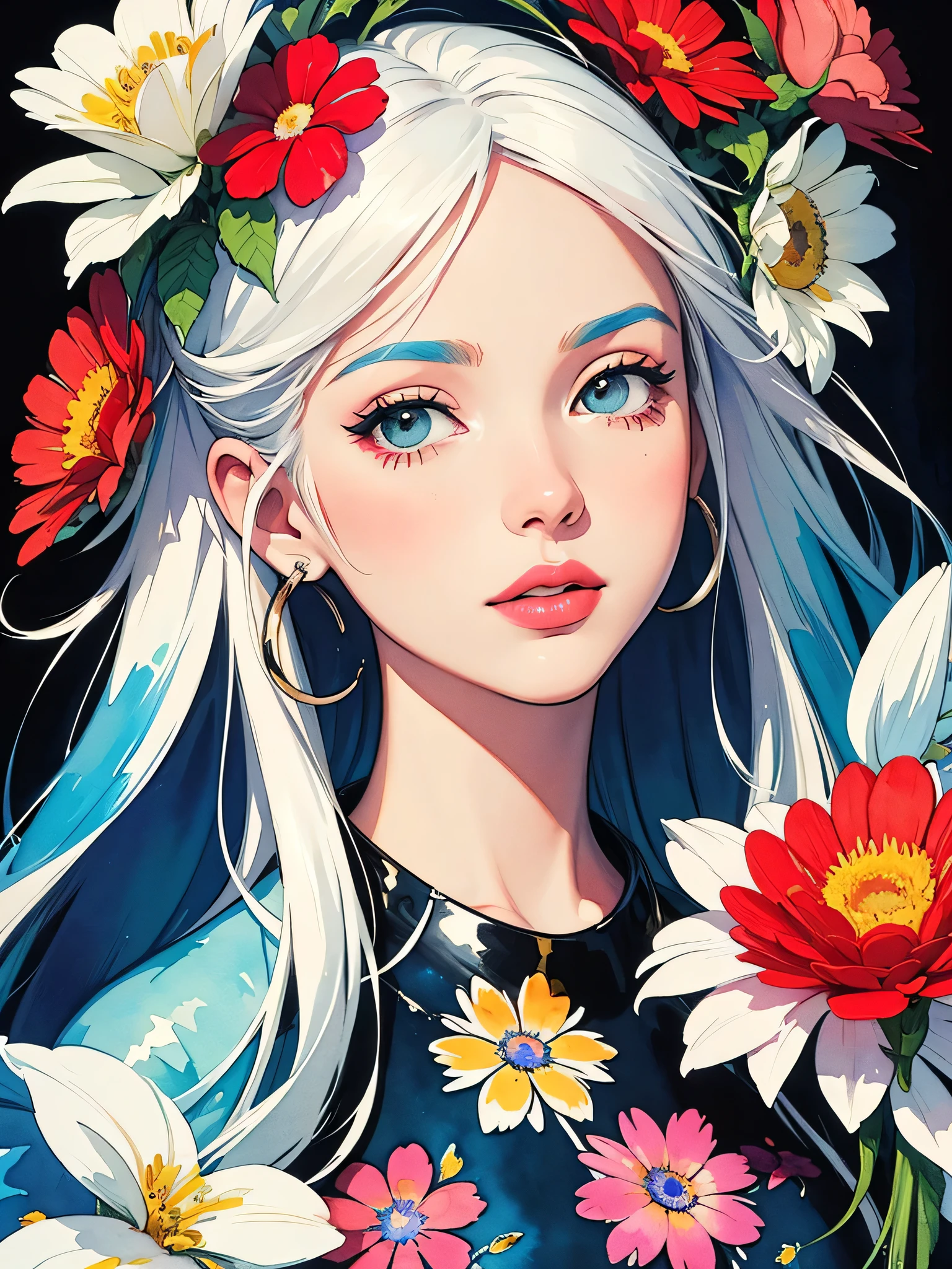 Black Star Red and White Style、(((stylish fashion))), 8K Quality、Intense watercolor, Detailed watercolor art, Watercolor splash, Surreal, avant-garde pop art, Beautiful and expressive paintings, Beautiful artwork illustration, Very colorful tones, wonderful, Cool beauty, highest quality、Official Art, Vector art, Stylish design, (((The most beautiful girl))), (((highest quality))), HDR, ((detailed)), (((Doodle Art)), ((masterpiece)), ((Super detailed)), (((Colorful flowers))),(((Stylish))), Lips in love