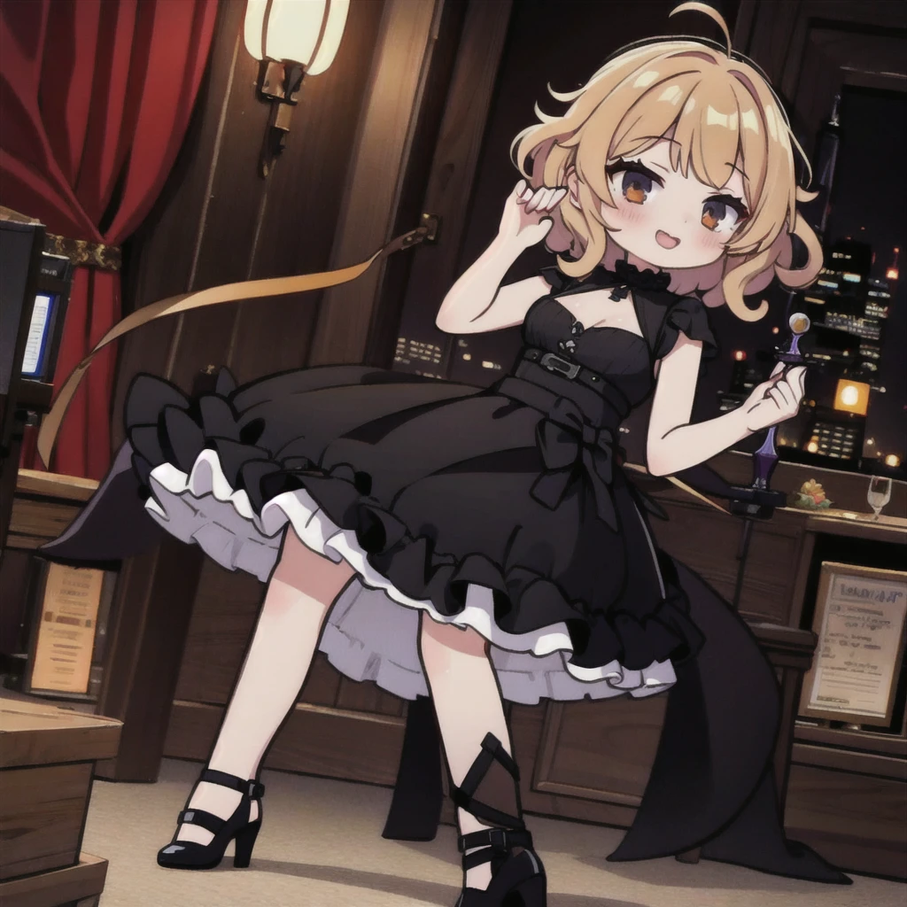 1 girl, short fibers, Curly hair, black dress, fitting dress, Short dress, High heel shoes, sexy poses