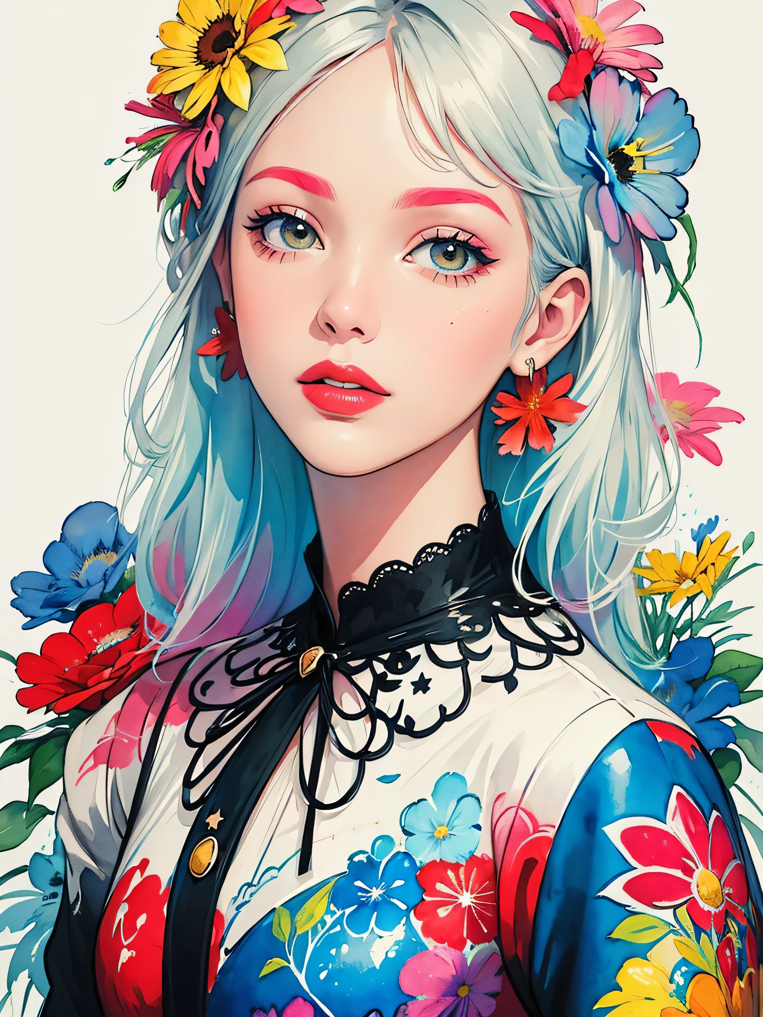 Black Star Red and White Style、(((stylish fashion))), 8K Quality、Intense watercolor, Detailed watercolor art, Watercolor splash, Surreal, avant-garde pop art, Beautiful and expressive paintings, Beautiful artwork illustration, Very colorful tones, wonderful, Cool beauty, highest quality、Official Art, Vector art, Stylish design, (((The most beautiful girl))), (((highest quality))), HDR, ((detailed)), (((Doodle Art)), ((masterpiece)), ((Super detailed)), (((Colorful flowers))),(((Stylish))), Lips in love