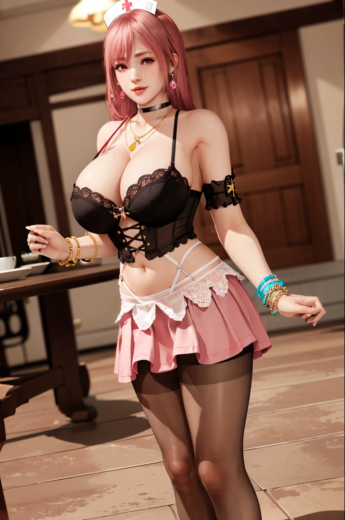 Honoka, Colorful maid costume ,Super short pleated skirt, bracelet,ring, Nurse,Pink Hair,Huge breasts,Cleavage,Low-cut,miniskirt,pantyhose,cute,necklace,earrings,Dining room,coffee,Donut,cake,cap,Lace,Red lips,shy,cute,Medical care