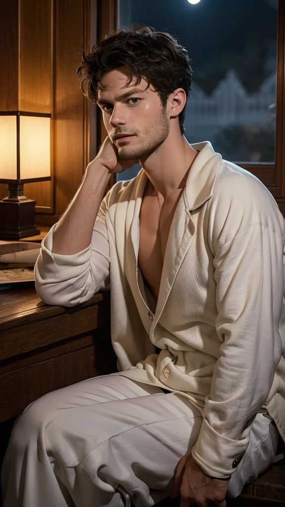 Jamie dornan, ((Best quality)), ((masterpiece)), (detailed), ((perfect face)), ((halfbody)) Amidst a tranquil slumps, a handsome young character from saga frontier 2, resides in a cozy home, where he channels his creative energy into capturing the enchanting harmony between nature and his inner world. As day turns to night, the moonlight envelops his canvas, revealing a breathtaking masterpiece that embodies the essence of his soul's journey and the beauty he discovers within himself."