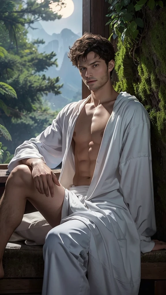Jamie dornan, ((Best quality)), ((masterpiece)), (detailed), ((perfect face)), ((halfbody)) Amidst a tranquil slumps, a handsome young character from saga frontier 2, resides in a cozy home, where he channels his creative energy into capturing the enchanting harmony between nature and his inner world. As day turns to night, the moonlight envelops his canvas, revealing a breathtaking masterpiece that embodies the essence of his soul's journey and the beauty he discovers within himself."