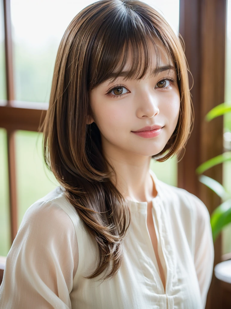 super highest quality, face focus, soft light, ultra high resolution, (realistic:1.4), RAW photo,
1 Japanese girl, alone, cute, (pupil, There&#39;There&#39;s a light in my eyes),  (detailed beautiful face:1.3)  ((High resolution details of human skin texture:1.3)
(long hair),
indoor,
Damask Shirt Dress, (Beautiful straight bob hair styled down to the tips:1.3)  elegant and neat　　intelligent and stylish
(portrait)  High definition focus on pupil　diffused light from window　beautiful gradation　gentle smile　Beautiful gradation
