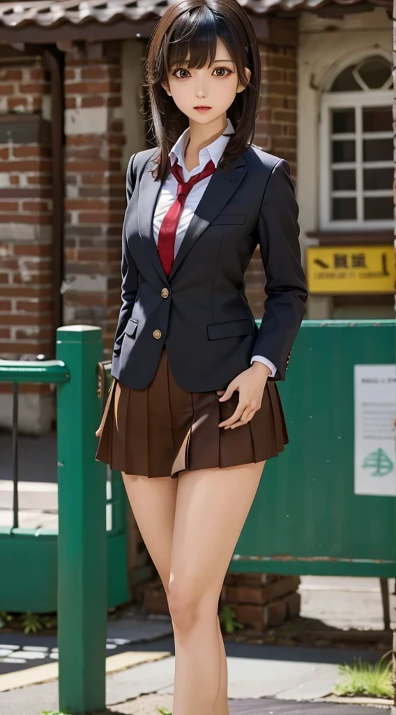 ((Highest quality)), ((Tabletop)), (detailed), Perfect Face　detailedな顔　Cleavage　Young girl　length, Thick black hair　 Blunt bangs　School Background　standing　Student Council President　blazer　mini skirt　Wear a uniform