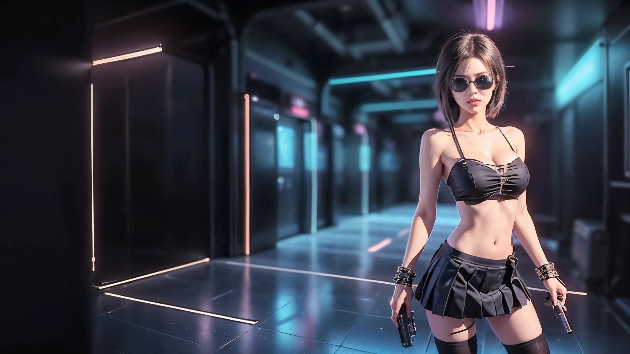 (aerial view). at night, futuristic sci-fi cyberpunk city, broad viaduct, skyscrapers at the end of the viaduct, the movie "13th Floor" style, hq. Matrix style, at night, (1girl, solo), photo realistic, (large-breast:1.2 slim body, cleavage:1.3), (((tube top, extreamly short pleated (((miniskirt))) exposing panty))), (((((matrix style black sunglasses))))), (((((aiming at camera with a (pistol)))))), (((half-body (thigh level) medium shot))), (cinematic lighting).