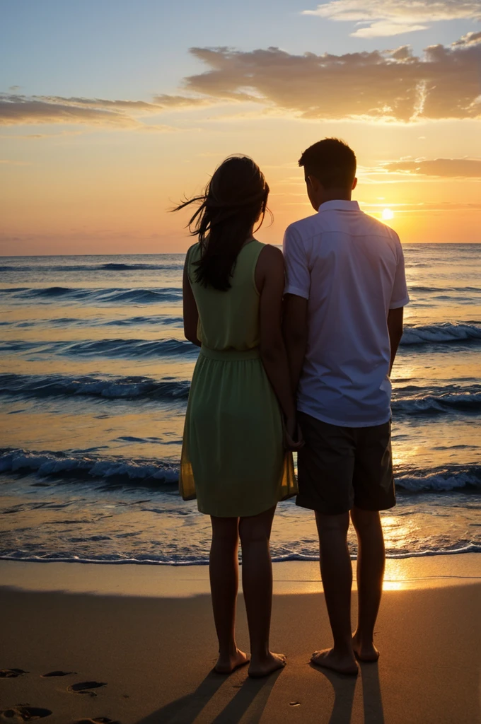 a girl and a boy watching sunset in the beach, faceless