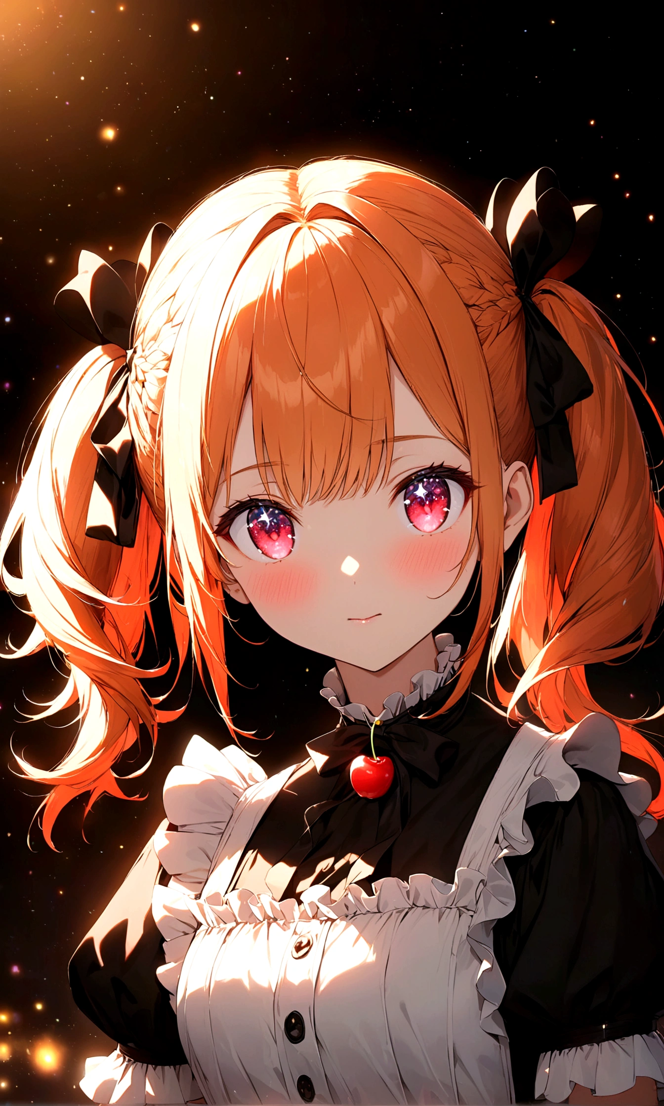 anime gile portrait,kawaii,fantastic style,one beautiful girl with starry eyes,unset orange hair, twin tails, cherry red eyes, bashful, maid outfit, with stars shining, eyes sparkling like stars,best quality,ultra detailed,ultra high definition,high resolution,16k,ultra vibrant,natural light,starlight,soft light,Glowing Aura,the surroundings are shining