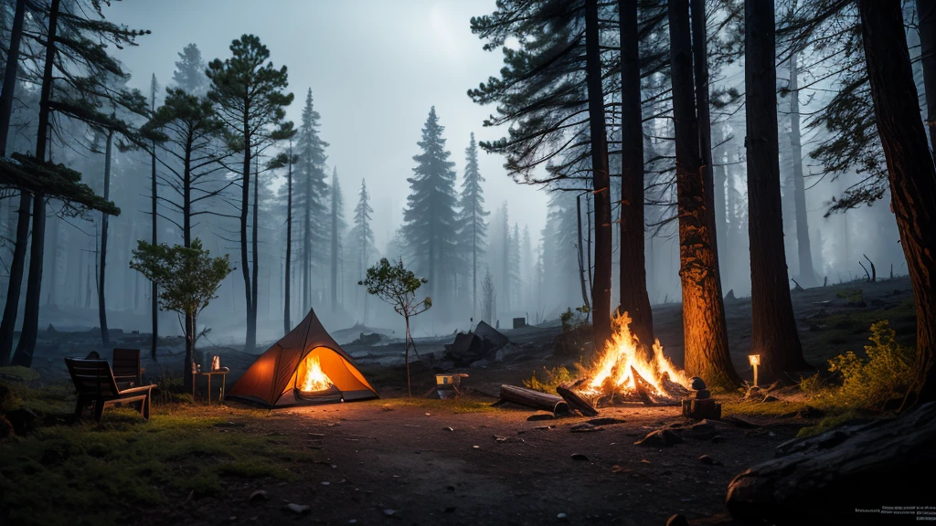 tent near a glass volcano in a large canyon, night conditions lit firewood surrounded by ice forest, volcano emitting colorful smoke, the whole forest is covered with many colors, aesthetic, very aesthetic, artistic, very detailed, masterpiece, light refraction, very detailed, very detailed, a masterpiece