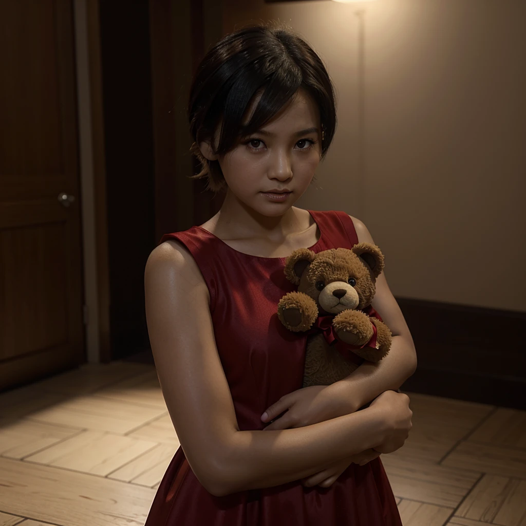 A photo of an 6--old  Wong wearing a red dress and holding a teddy bear. Slim, short black hair, brown eyes, fair skin. (Resident Evil video game style)