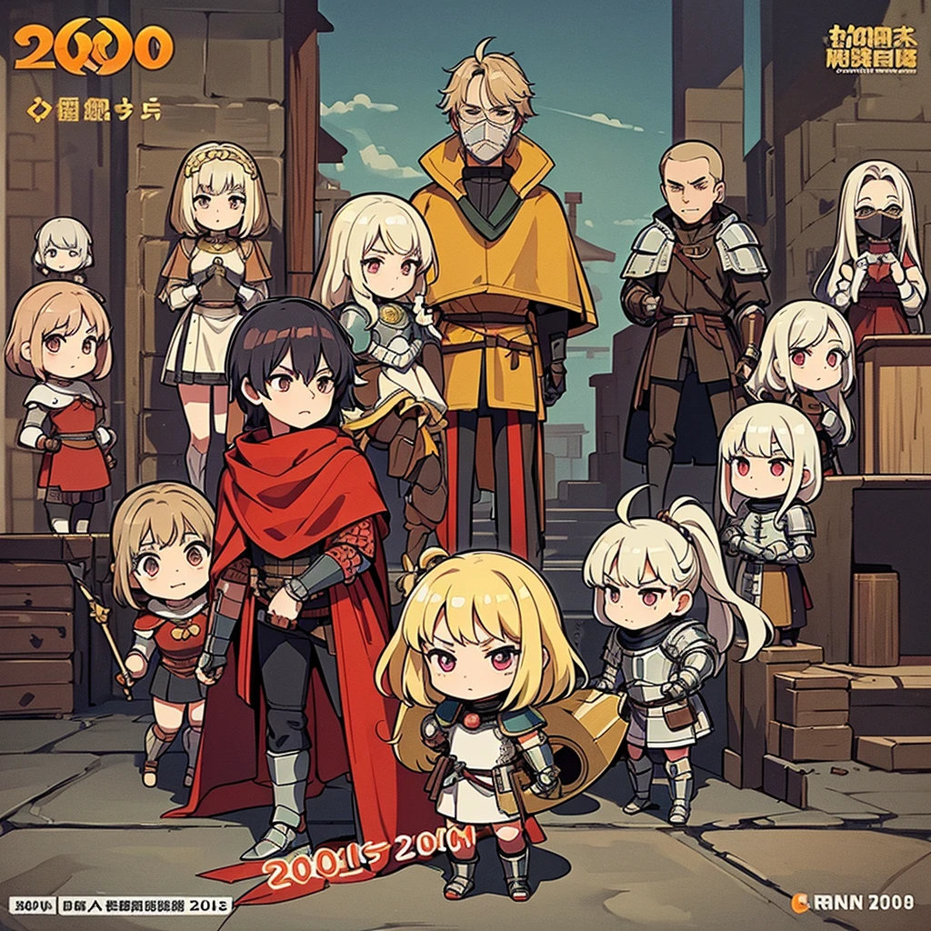(Chibi Character)、((Full body character concept, Detailed character design、10 people))、Highest quality, Best Quality,Best illustrations、(((Iron Mask))),Medieval Armor、Medieval Knight、whole body is armor、(((20-year-old male)))、Run、
