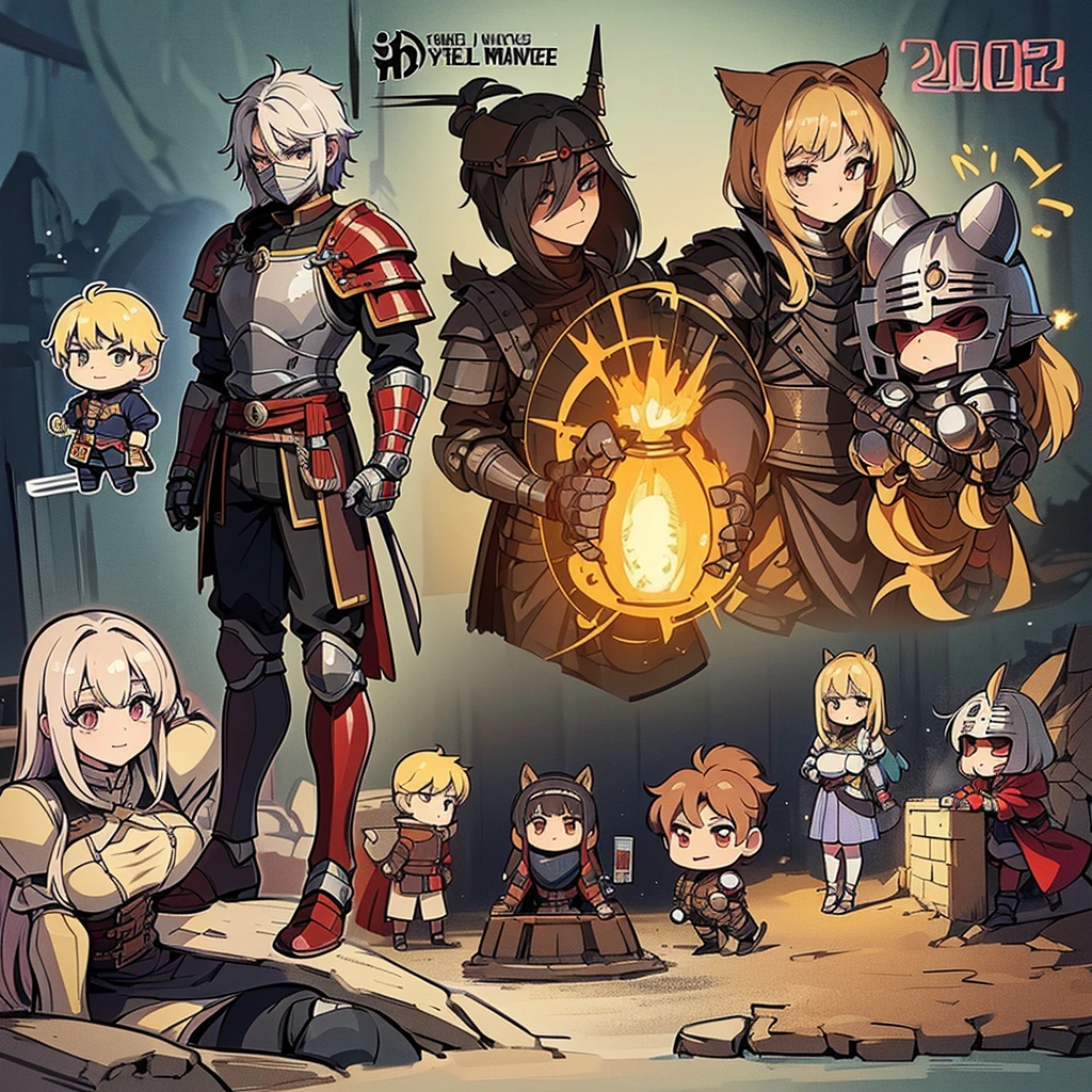 (Chibi Character)、((Full body character concept, Detailed character design、10 people))、Highest quality, Best Quality,Best illustrations、(((Iron Mask))),Medieval Armor、Medieval Knight、whole body is armor、(((20-year-old male)))、Run、