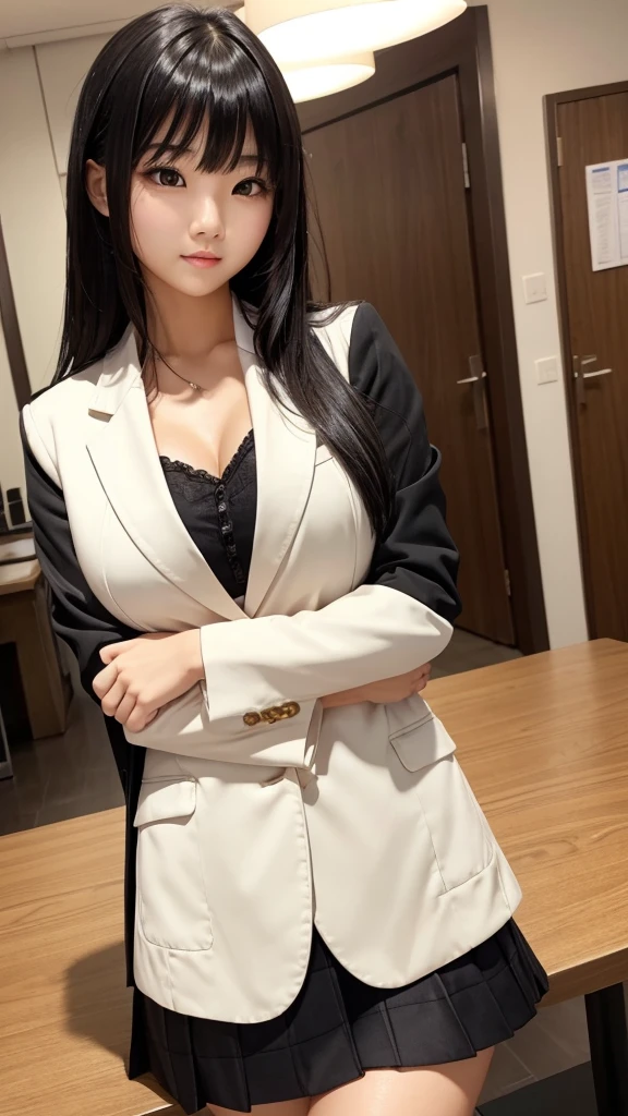 Smiling Japan beauty wearing business shirt and tight skirt,Full-body figure,tthin eyebrows,A dark-haired,Long straight hair,Bangs are bangs,Huge breasts,meaty legs,Sweaty,The bra is visible through the clothes