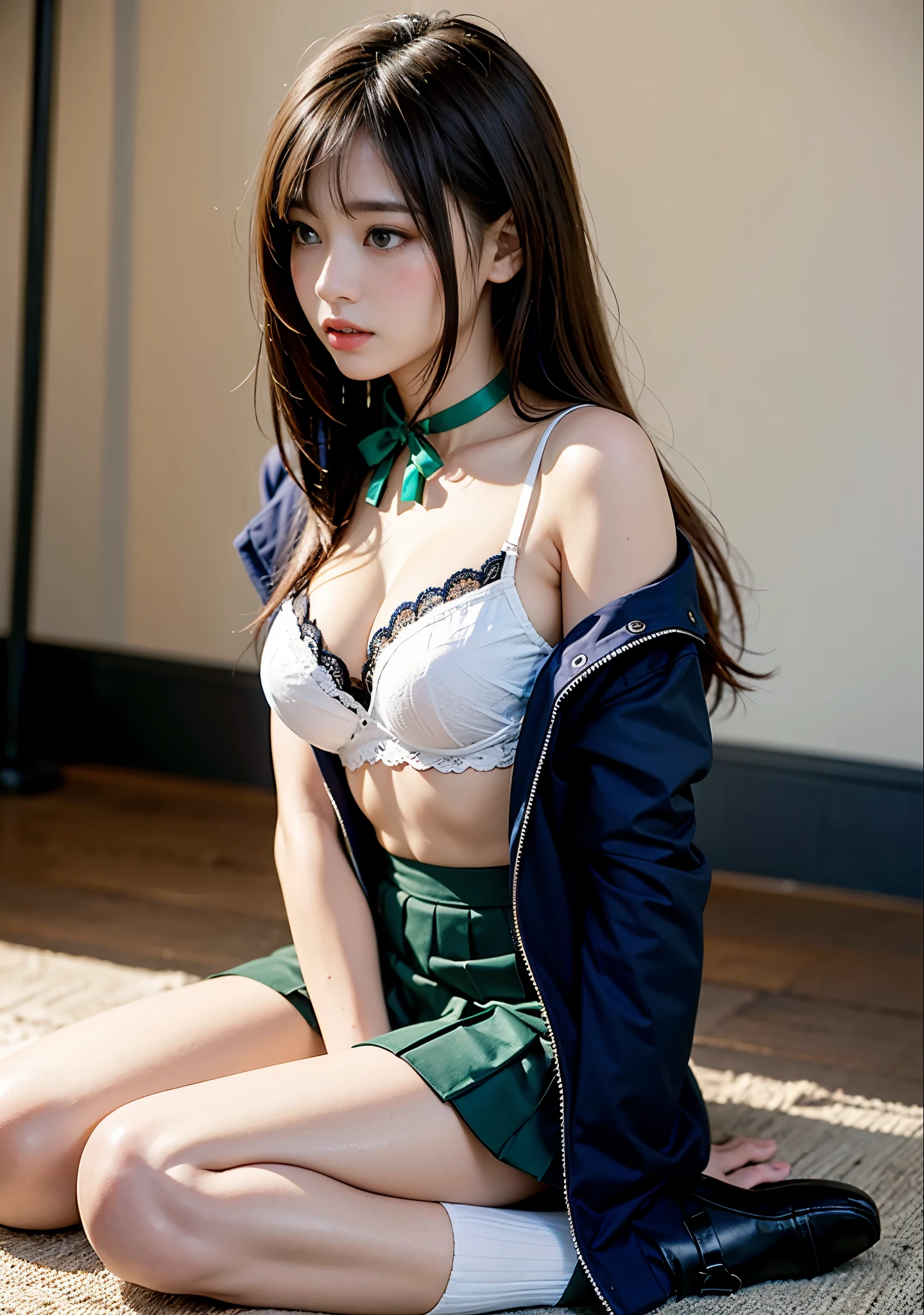 Highest quality、16K, Ultra high definition、8K、masterpiece、(CANON R5, F1.8, ISO100, 45MP,1/4000)、One Girl、solo、17age、j k、High school girls、Medium Long Hair、bangs、Brown Hair、Double eyelids、Long eyelashes、Lower lashes、Brown eyes、Watching the audience、Wearing a uniform、White shirt、Navy blue blazer、Green uniform ribbon around neck、Unbutton your shirt 1 : 1、A glimpse of her pink bra、Navy blue and white checked pleated skirt、A miniskirt that barely covers the top of the thighs、Thin arms、Long, slender legs、Navy blue socks、Black loafer shoes、I've been walking up the slope、Full Body Shot、Looking down at me with a provocative gaze、