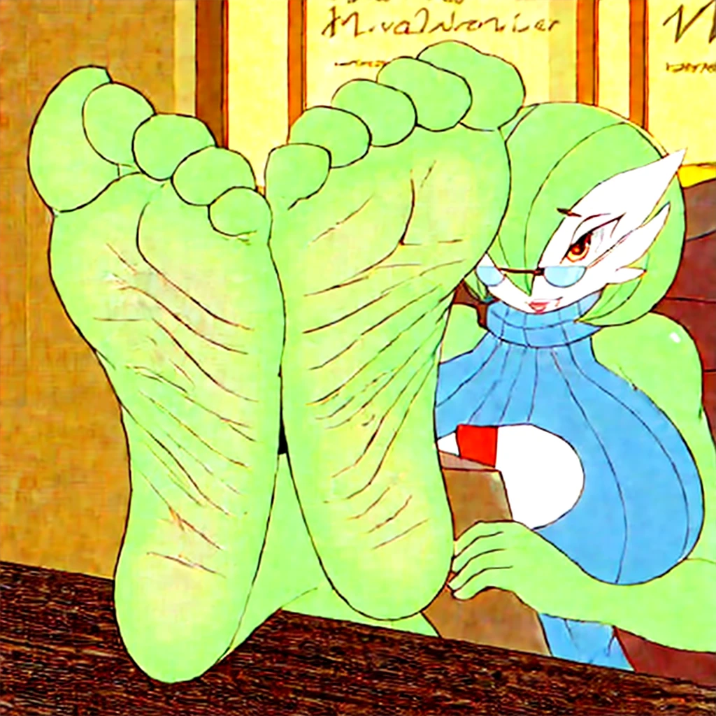 Therapist Gardevoir, beautiful detailed eyes, beautiful detailed lips, extremely detailed face and skin, delicate and elegant, resting her soles on table, serene expression,