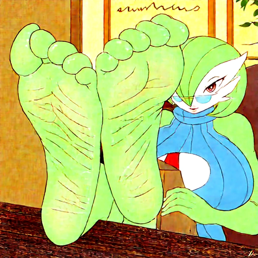 Therapist Gardevoir, beautiful detailed eyes, beautiful detailed lips, extremely detailed face and skin, delicate and elegant, resting her soles on table, serene expression,