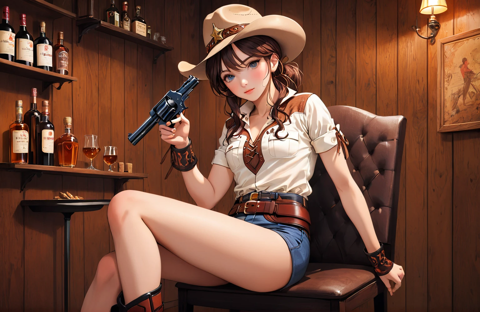 (((1 person:2.0))),((Gemini Sunrise:1.5)))(((Wearing a gun belt with a holster:1.8))),,((Wear a wrist watch:1.5))),(((Showing cleavage))),(((Exposed thin inner thighs))),(((Small breasts:1.5))),(((Bare arms))),(((Wearing boots:1.5))),((Blushed face:1.8)), Beautiful detailed girl, Very detailed目と顔, 緻密でBeautiful Eyes, Very detailed, High resolution, Highest quality, masterpiece, Very detailed, 8k wallpaper, wonderful, finely, Highest quality,(Standing in front of a wooden wall),Beautiful Eyes,((Engage your audience:1.5)),((Cowboy Shot:1.5))),((Front shot:1.2)),((Put your right hand on your chest:1.5)),((Drinking whiskey:1.0)),(((Drunk,Strong hiccups:1.8))),(((Sit on a chair:1.2)))