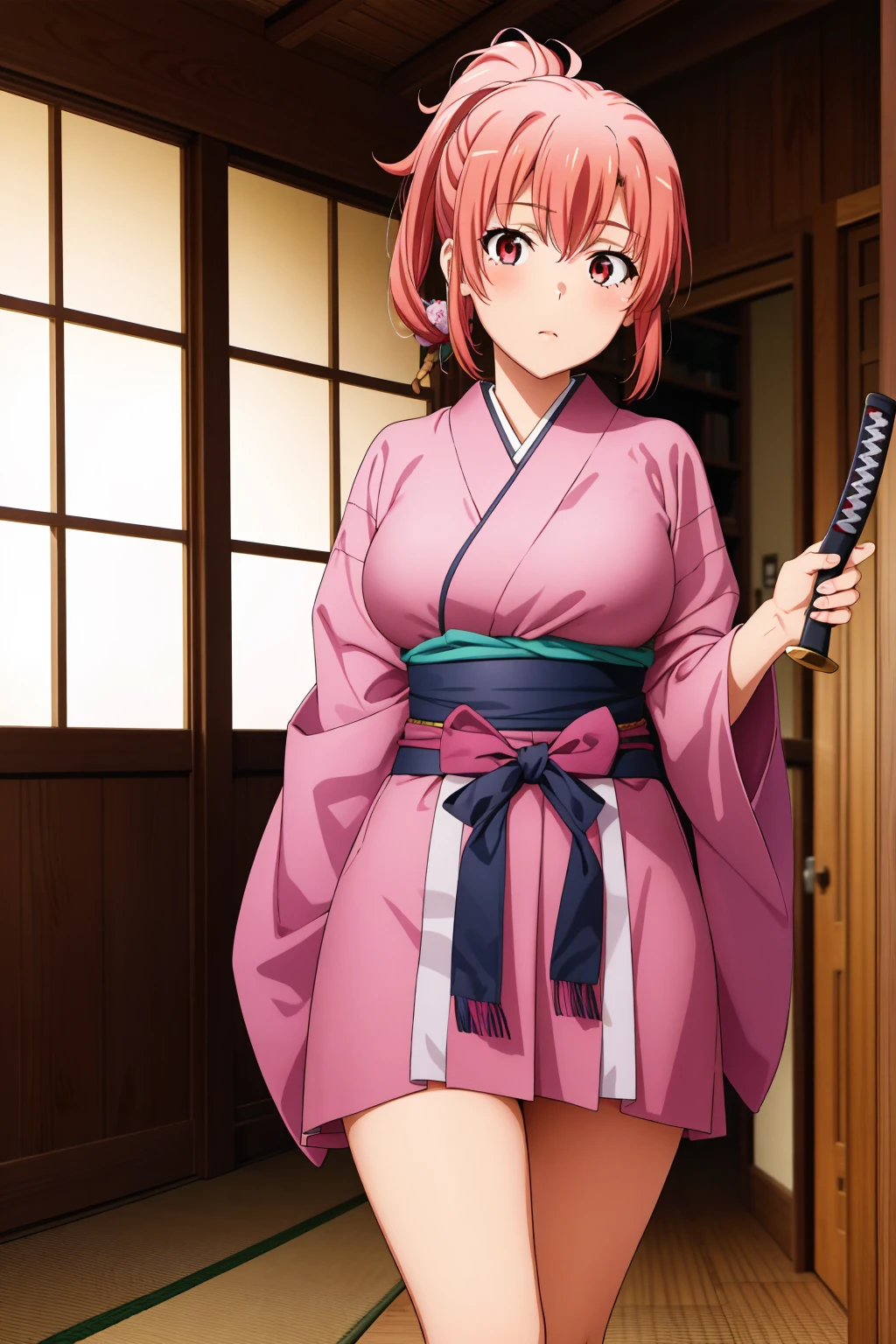 highest quality, High resolution, perfect pixel, Depth of the bounds written, 4k, beautiful anime girl, perfect body,
looking at the viewer,
Yuigahama Yui, 1 girl, short hair, pink hair, hair bun, pink eye,
large breast,
1girl, samurai girl, {holding katana}, standing, young girl,
ponytail hair,
indoor, {Japanese room}, facing the front, cowboy shot, solo focus, from outside, perfect anatomy, intricate, (highly detailed),