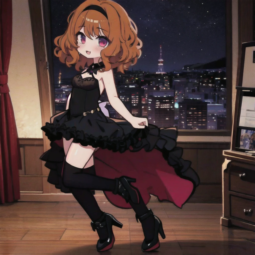 1 girl, short fibers, Curly hair, black dress, fitting dress, Short dress, High heel shoes, sexy poses