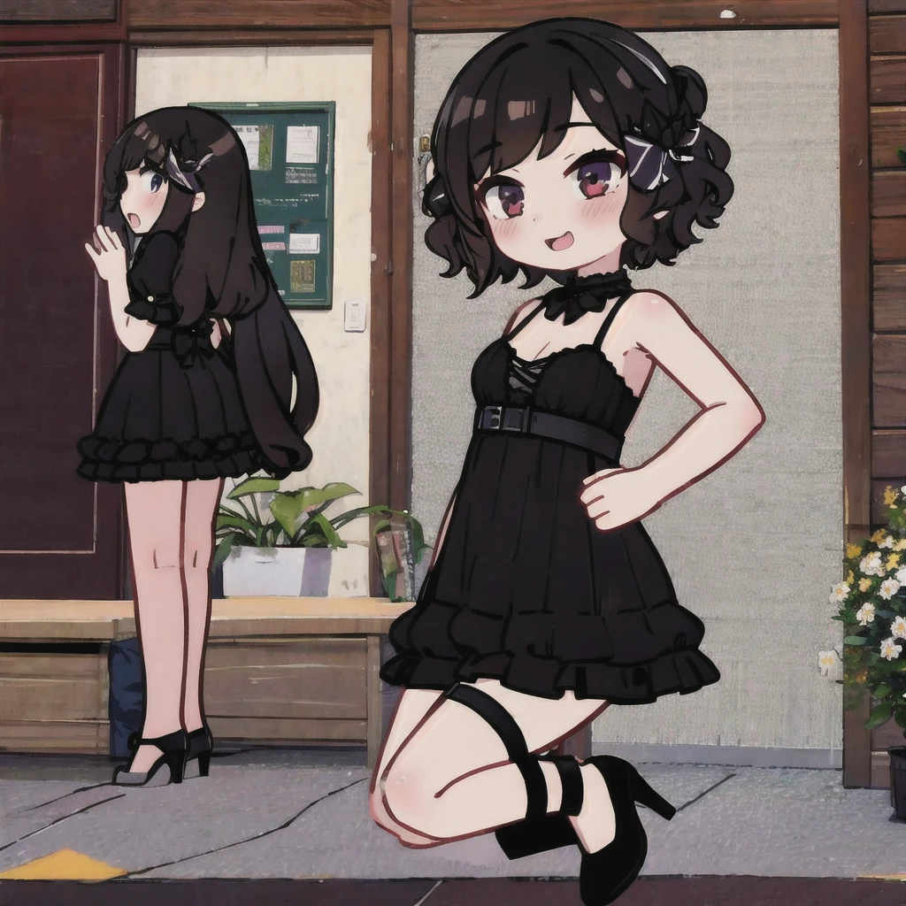 1 girl, short fibers, Curly hair, black dress, fitting dress, Short dress, High heel shoes, sexy poses 