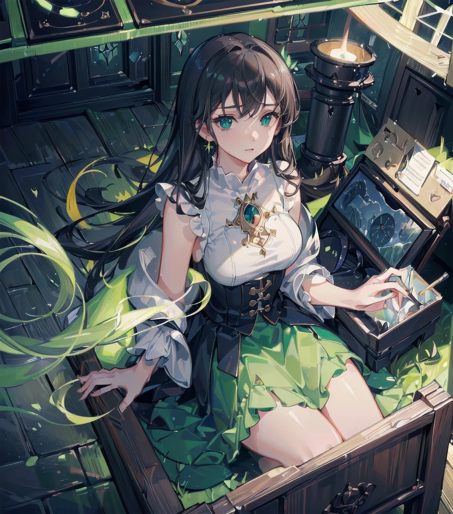 absurdres, RAW photo, extremely delicate and beautiful, masterpiece, Best Quality, ultra high resolution, 32k, hyperrealistic, ultra-detailed, in her 20s, delicate facial features, tearful mole, earring,  medium breasts, full body shot, shorter middle hair, black hair, solo, alone, 1girl, a beautiful witch in her alchemist room, working on her project with a steaming cauldron filled with green glowing smoke, against the backdrop of a fantasy night with a full moon and a view from the window, dressed in a traditional witch outfit,