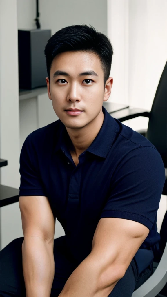 A male police officer in his 20s poses for a group photo., Wear a navy blue polo shirt., high resolution, Masterpiece, best quality, head:1.3,, Smooth and fine skin, clear focus, (movie light), during the night, gentle light, Dynamic angle, (detailed face:1.2), (((exercise))), sport, His arm muscles were very big., hand in crotch, in his office