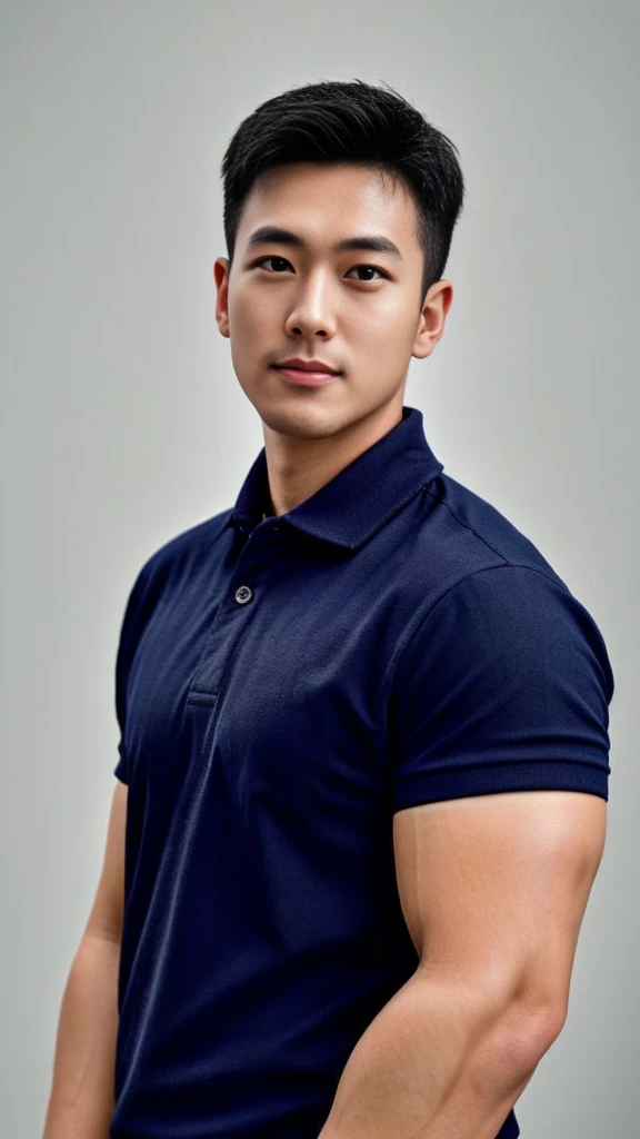 A male police officer in his 20s poses for a group photo., Wear a navy blue polo shirt., high resolution, Masterpiece, best quality, head:1.3,, Smooth and fine skin, clear focus, (movie light), during the night, gentle light, Dynamic angle, (detailed face:1.2), (((exercise))), sport, His arm muscles were very big., hand in crotch, in his office