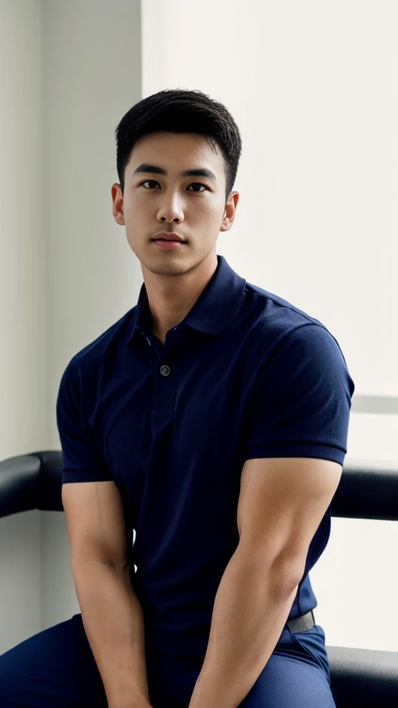 A male police officer in his 20s poses for a group photo., Wear a navy blue polo shirt., high resolution, Masterpiece, best quality, head:1.3,, Smooth and fine skin, clear focus, (movie light), during the night, gentle light, Dynamic angle, (detailed face:1.2), (((exercise))), sport, His arm muscles were very big., hand in crotch, in his office